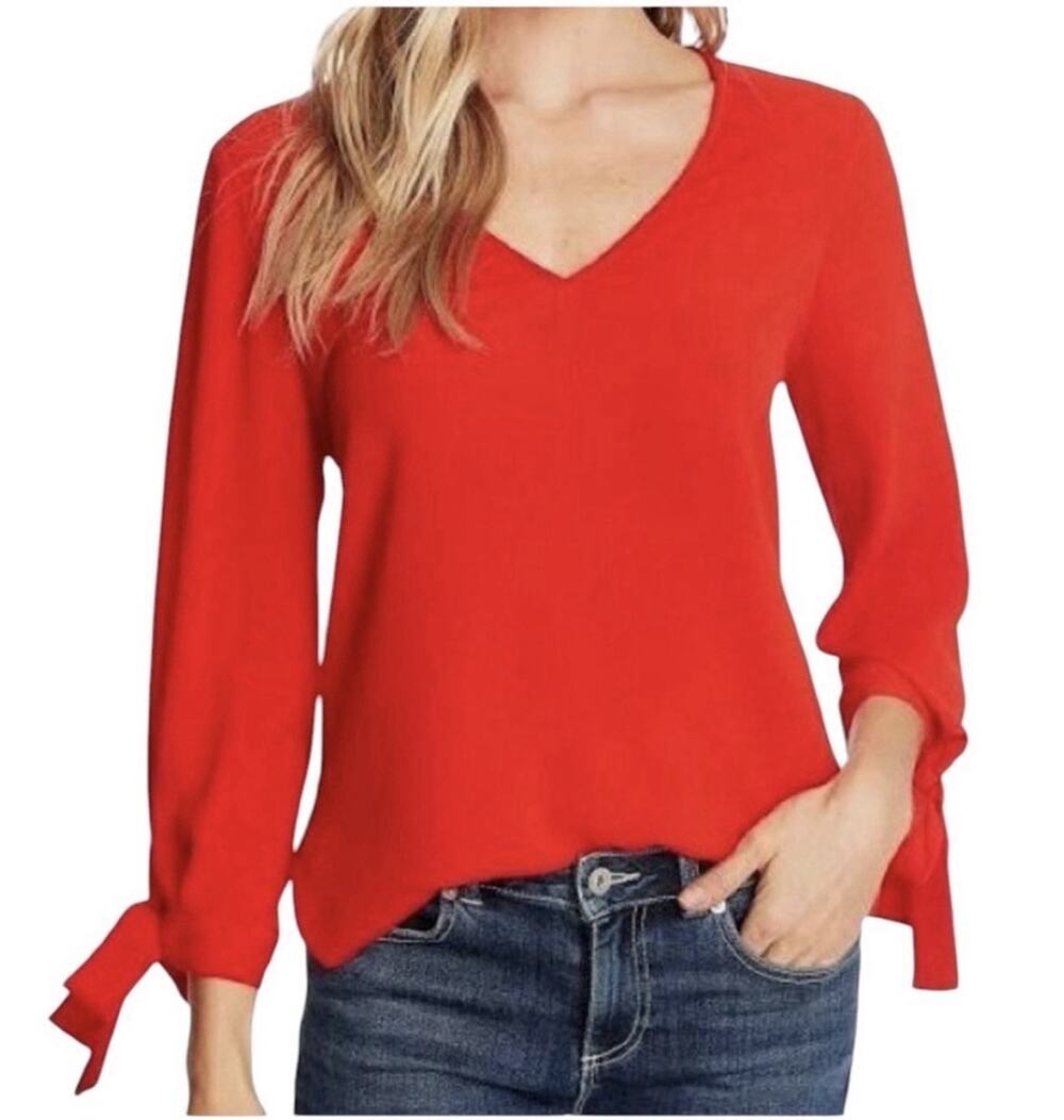 CeCe Red V-Neck Blouse with Bow Sleeve Detail Sz XS Career Casual Preppy Flowy